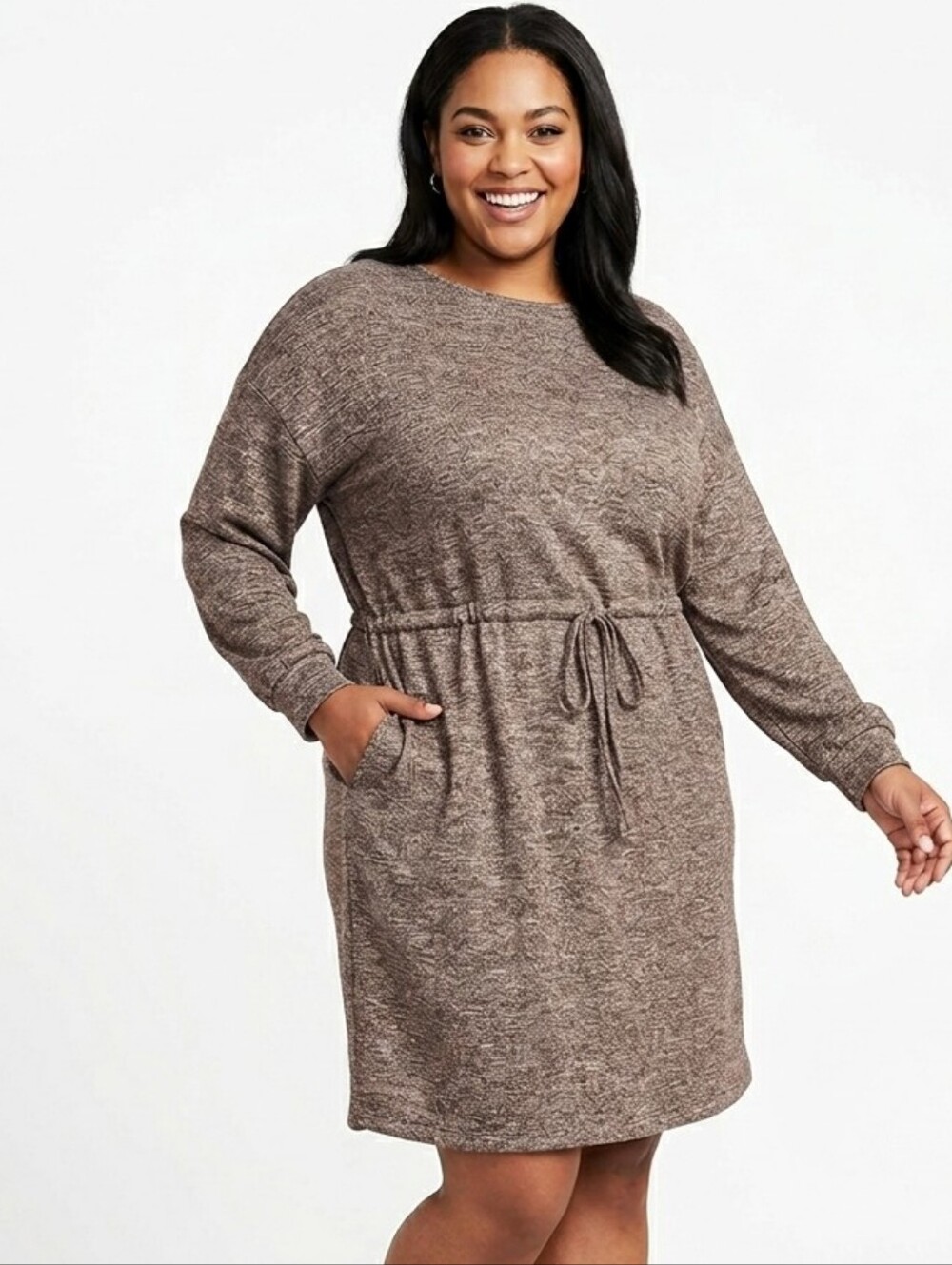 Terra & Sky Plus Size Cozy Knit Tie-Waist Dress in Heather Brown